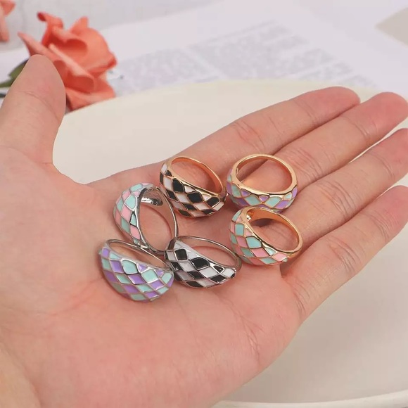 1pcs Alloy Checkered Ring Green Neon Green Gold Rings Glitter Jelly Enamel Trend - Picture 5 of 16